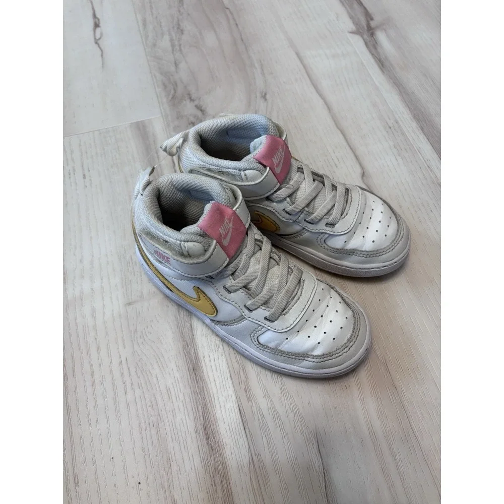 Nike Court Borough Mid 2 Girls shoes in white with gold and pink‎ accents 9.5C